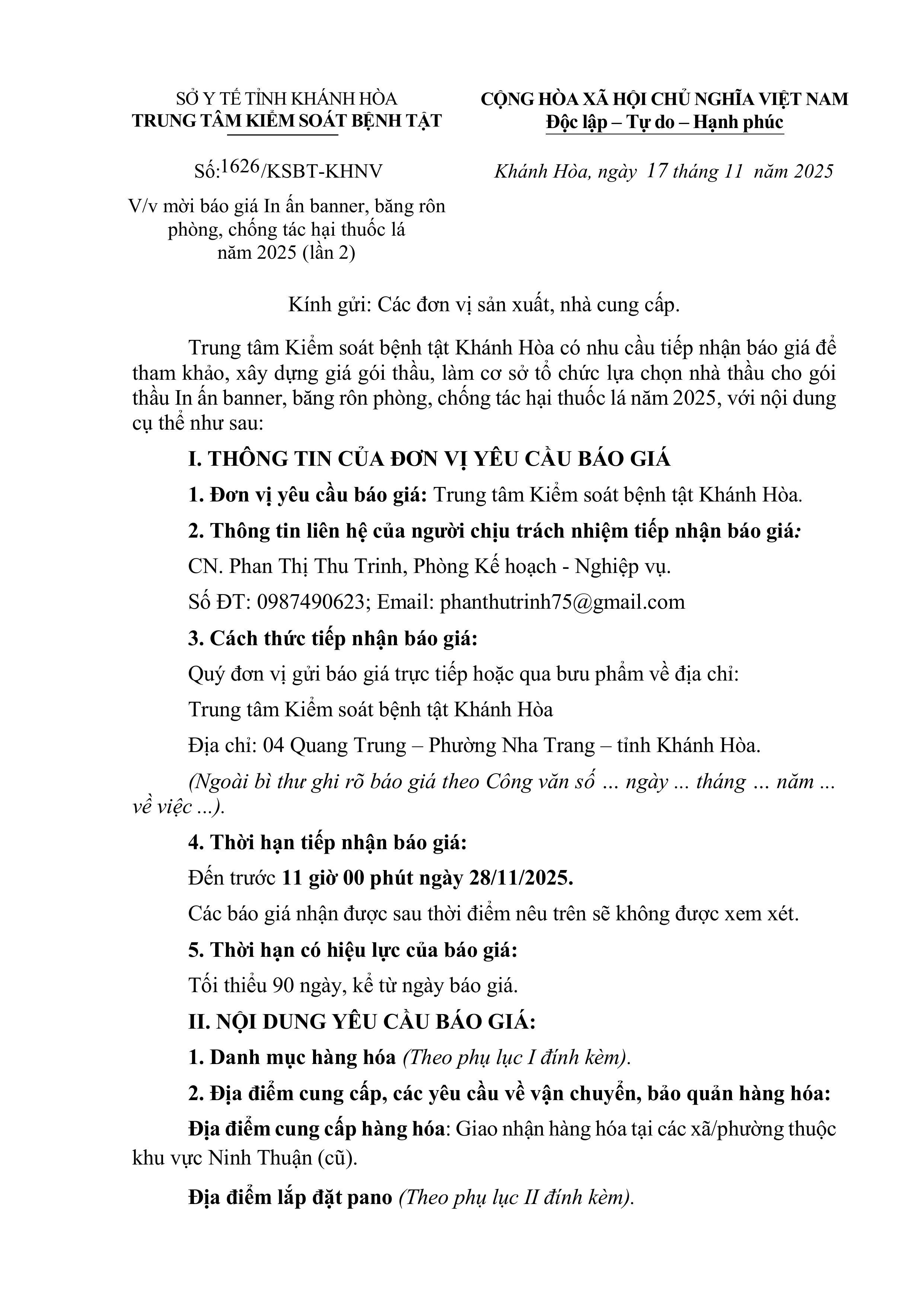 V/v mời báo giá In ấn banner, băng rôn phòng, chống tác hại thuốc lá năm 2025 (lần 2)